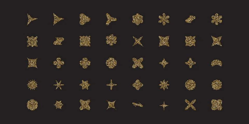 Big set of various vector golden glitter geometric shapes isolated on black Stock Illustration
