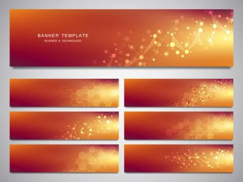 Big set of vector banners and headers for site with molecules background and Stock Illustration