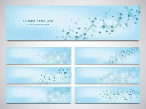 Big set of vector banners and headers for site with molecules background and Stock Illustration