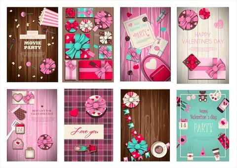 Big set of vector cards for valentine s day. Romantic picture in pink, turquoise Stock Illustration