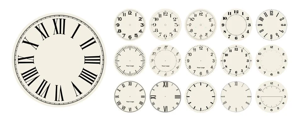 Big set of vector clock faces, watch dials in different styles for watch clock Stock Illustration