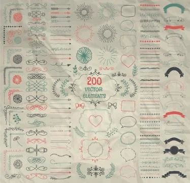 Big Set of Vector Decorative Hand Drawn Design Elements Stock Illustration