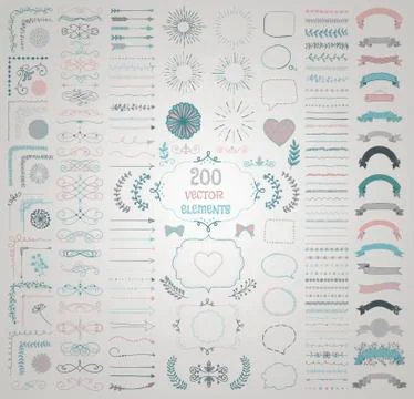 Big Set of Vector Decorative Hand Drawn Design Elements Illustrazione stock