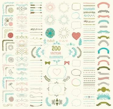 Big Set of Vector Decorative Hand Drawn Design Elements 스톡 일러스트