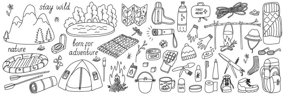 Big set of vector doodle illustrations of tourism and camp equipment Illustrazione stock