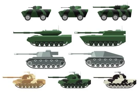 Big set a vector in flat style of military heavy machinery. Tanks in a desert Stock Illustration