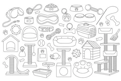 Big set of vector illustrations of animal accessories, pet toys, linear bla.. Stock Illustration