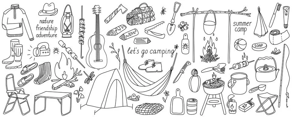Big set of vector illustrations of tourism and camp equipment doodle Stock Illustration