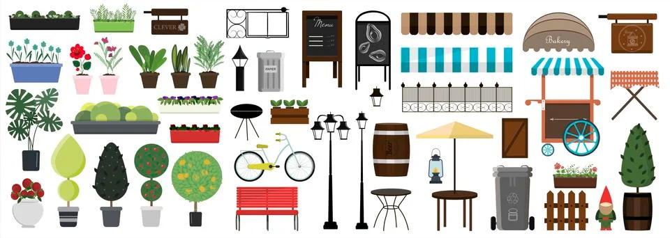 Big set of vector items for street, Park or garden design. Flat illustration of Stockillustratie