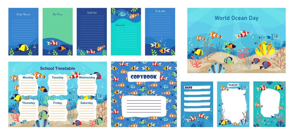 Big set of vector templates planner, to do list, marine design exotic fish Stock Illustration