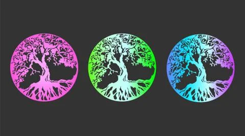 Big set vector tree of life with bright neon gradient prints Stock Illustration