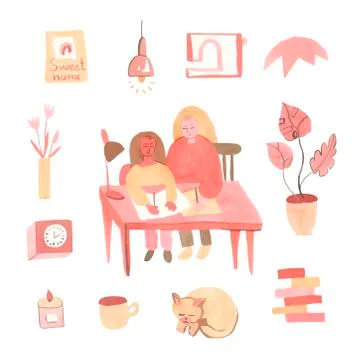 A big set of watercolor elements on the theme of home comfort. Stock Illustration