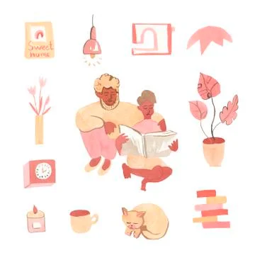 A big set of watercolor elements on the theme of home comfort. Stock Illustration