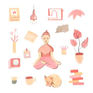 A big set of watercolor elements on the theme of home comfort. イラスト素材