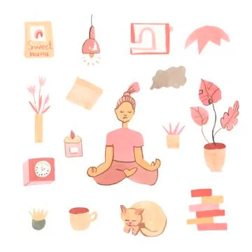 A big set of watercolor elements on the theme of home comfort. イラスト素材