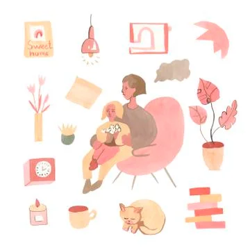 A big set of watercolor elements on the theme of home comfort. Stock Illustration