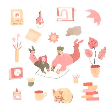 A big set of watercolor elements on the theme of home comfort. Stock Illustration