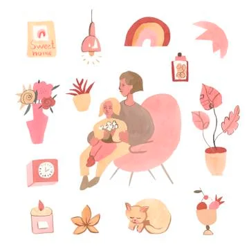 A big set of watercolor elements on the theme of home comfort. イラスト素材