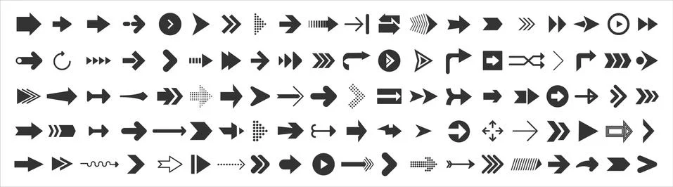 Big set of web Arrows. 100 black arrow icons isolated on white. Cursor vector Stock Illustration