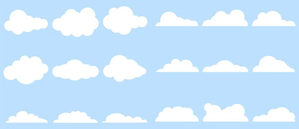 Big set of white cartoon clouds elements on blue sky background vector flat. Stockillustratie