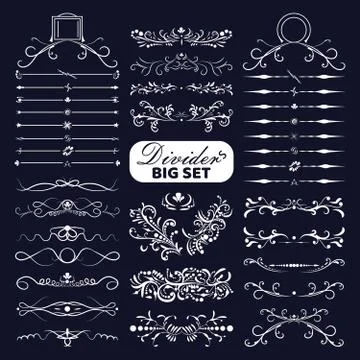 Big set of white decorative flourishes dividers on dark background. Collectio Stock Illustration