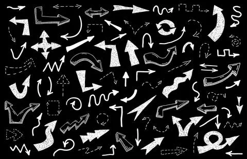Big set of white grunge doodle hand drawn arrows isolated on black. Sketch style Stock Illustration