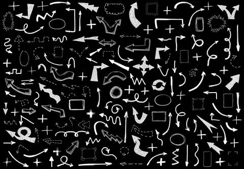 Big set of white grunge doodle hand drawn arrows, plus signs and border frames Stock Illustration