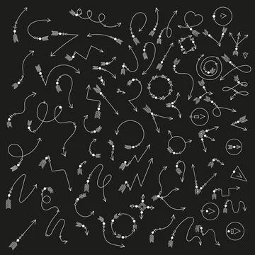 Big set of white linear decorative arrows. Stock Illustration