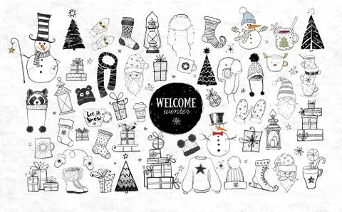 Big set of winter doodles Illustrazione stock