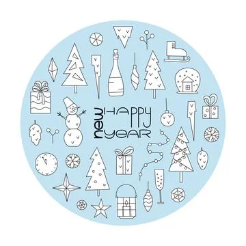 Big set with winter elements and lettering happy new year. Line vector Stock Illustration