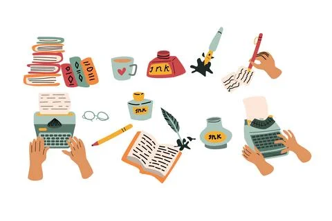 Big set of writing equipment tools in retro style Stock Illustration