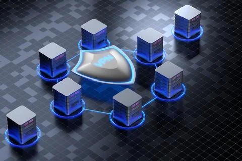Big shield with VPN software or plugin. Application for secure connection, da Illustrazione stock