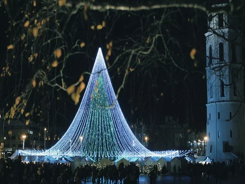 Big shiny christmas tree made from garlands Stock Footage 70355546
