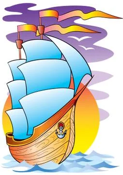 Big ship with big white sails in the sea, vector illustration, Stock Illustration