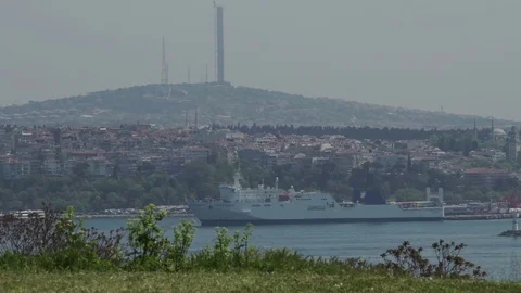 Big Ship at Bosphorus Harbor Cityscape Stock Footage 77124819