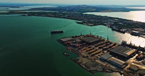 Big Ship Carrier Containers Unloading Bay Cranes Approaching Position Aerial Stock Footage 300506946