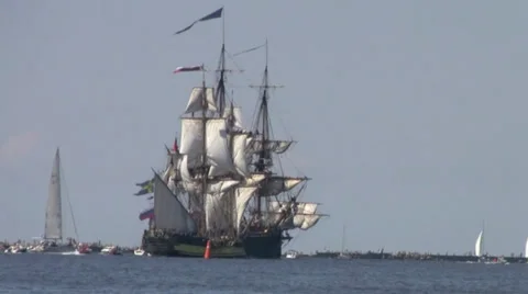 A big Ship goes full sail on the river Stock Footage 26635171
