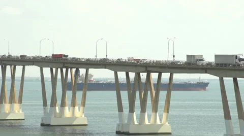 Big ship passing under the brige 3 Stock Footage 34417643