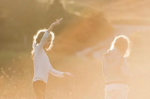 Big size demonstration imagination concept two children little girls communic 스톡 사진