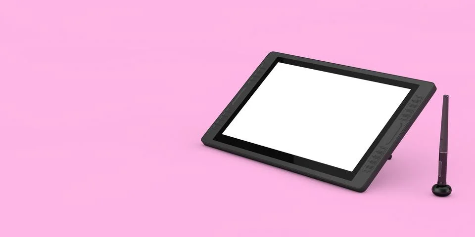 Big Size of Digital Graphics Drawing Tablet Monitor with Pen and Blank Scre.. Illustrazione stock