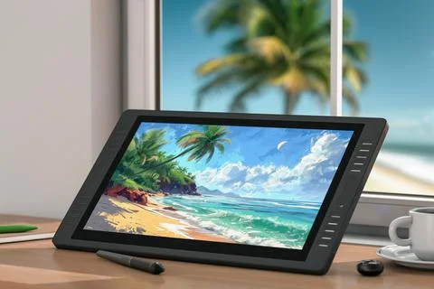 Big Size of Digital Graphics Drawing Tablet Monitor with Pen and Abstract D.. Stock Illustration