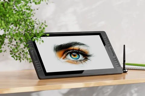 Big Size of Digital Graphics Drawing Tablet Monitor with Pen and Abstract D.. Stock Illustration