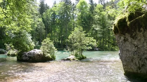 Big Slow Emerald River in Middle of Forest Surrounded With Huge Stones in River. Stock Footage 168497854