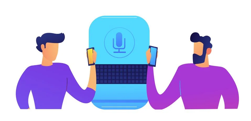 Big smart speaker and users standing and using smartphones vector illustration. Stock Illustration