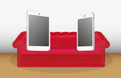 Big smartphone and tablet on a red sofa Stock Illustration