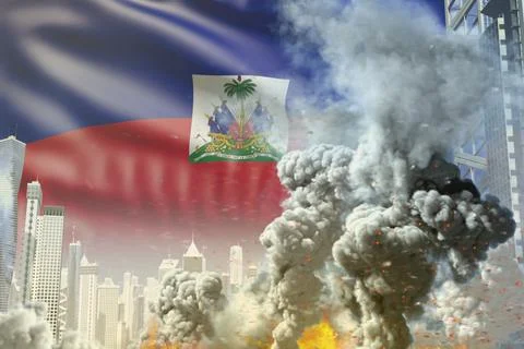 Big smoke column with fire in abstract city Stock Illustration