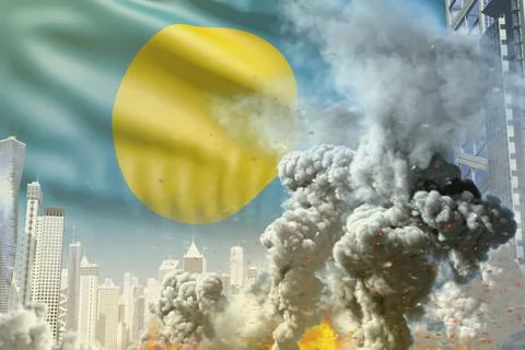 Big smoke column with fire in abstract city Stock Illustration