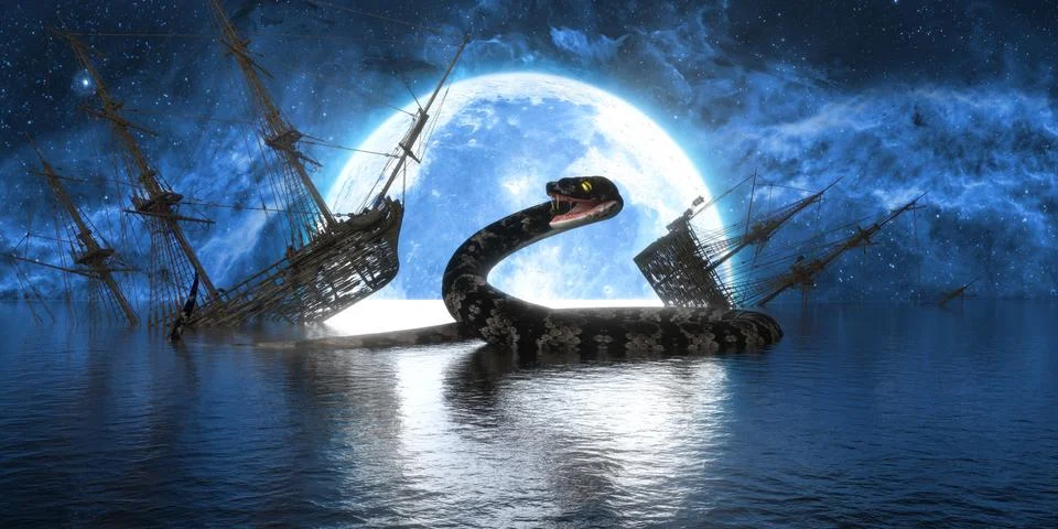 Big snake on the background of the full moon next to the broken ships 스톡 일러스트