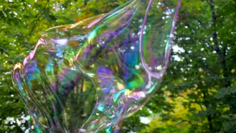 Big soap bubble is flying near the trees at sunny day. Blowing beautiful soap Vídeos de archivo 140414656