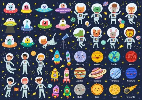 Big space collection with cute characters. Space bundle in cartoon style Stock Illustration